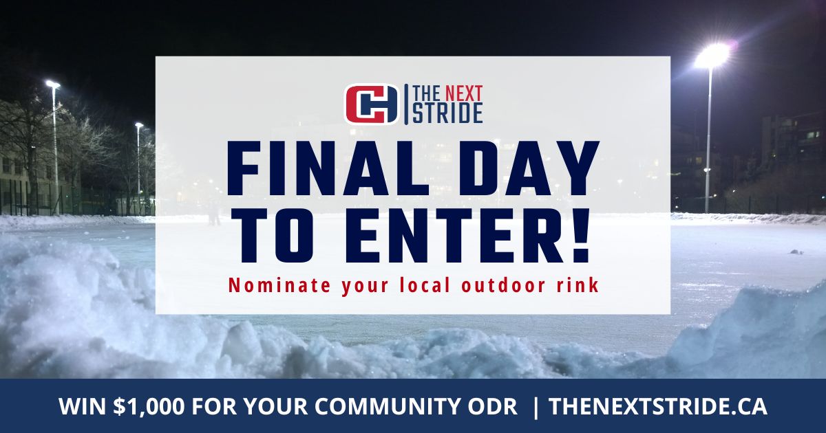 Enter now! 🚨 Give an assist for next season by participating in our Outdoor Rink Contest! Your local #ODR could win 1 of 3 grand prizes of $1,000! It's super easy, only takes a couple minutes. 

Final call to participate in our annual nationwide contest: thenextstride.ca/programs/odr/