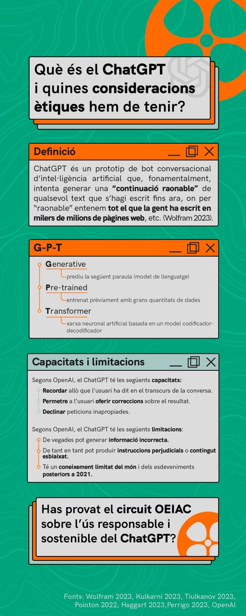 OEIAC_UdG's tweet photo. @genisroca Has provat el circuit OEIAC sobre l'ús responsable i sostenible del #ChatGPT❓

També disponible per la cerca de síndries i melons i per mostrar les seves principals capacitats i limitacions 🍉 🤖

https://t.co/ye9vKWoWmf