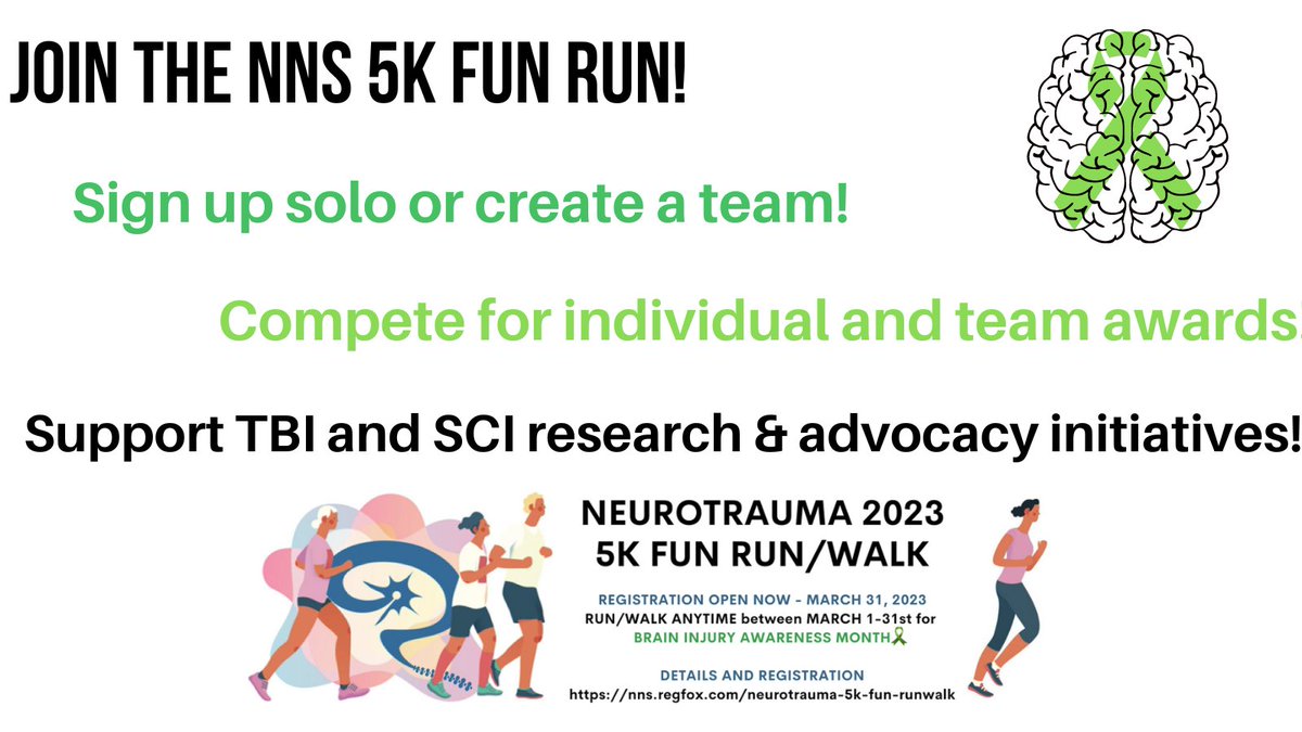 The #NNS5k is back for #braininjuryawarenessmonth ! Help support #TBI and #SCI #research by signing up for this #virtual5k 

Register➡️nns.regfox.com/neurotrauma-5k