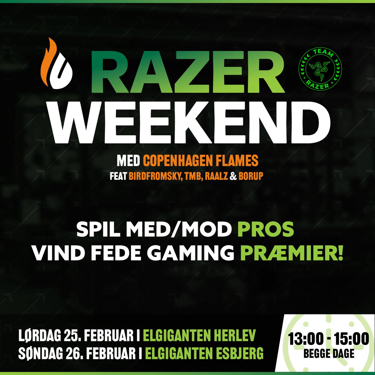 Copenhagen Flames (@cphflames) on Twitter photo 🇩🇰 Ses vi i weekenden?
Kom forbi Elgiganten i Herlev og Esbjerg, spil med <a href="/RAALZCS/">9INE raalz</a>, @b0RUPCSGO, <a href="/birdfromsky/">Thomas Due-Frederiksen</a> og <a href="/TMBCSGO/">Thomas Bundsbaek</a>, vind det fedeste <a href="/TeamRazer/">Team RΛZΞR</a> gaming gear og meget mere! 🔥
Læs mere her ⬇️
Lørdag: shorturl.at/aFNY4
Søndag: shorturl.at/dpEXY
#TeamRazer 🇩🇰 Ses vi i weekenden?
Kom forbi Elgiganten i Herlev og Esbjerg, spil med <a href="/RAALZCS/">9INE raalz</a>, @b0RUPCSGO, <a href="/birdfromsky/">Thomas Due-Frederiksen</a> og <a href="/TMBCSGO/">Thomas Bundsbaek</a>, vind det fedeste <a href="/TeamRazer/">Team RΛZΞR</a> gaming gear og meget mere! 🔥
Læs mere her ⬇️
Lørdag: shorturl.at/aFNY4
Søndag: shorturl.at/dpEXY
#TeamRazer