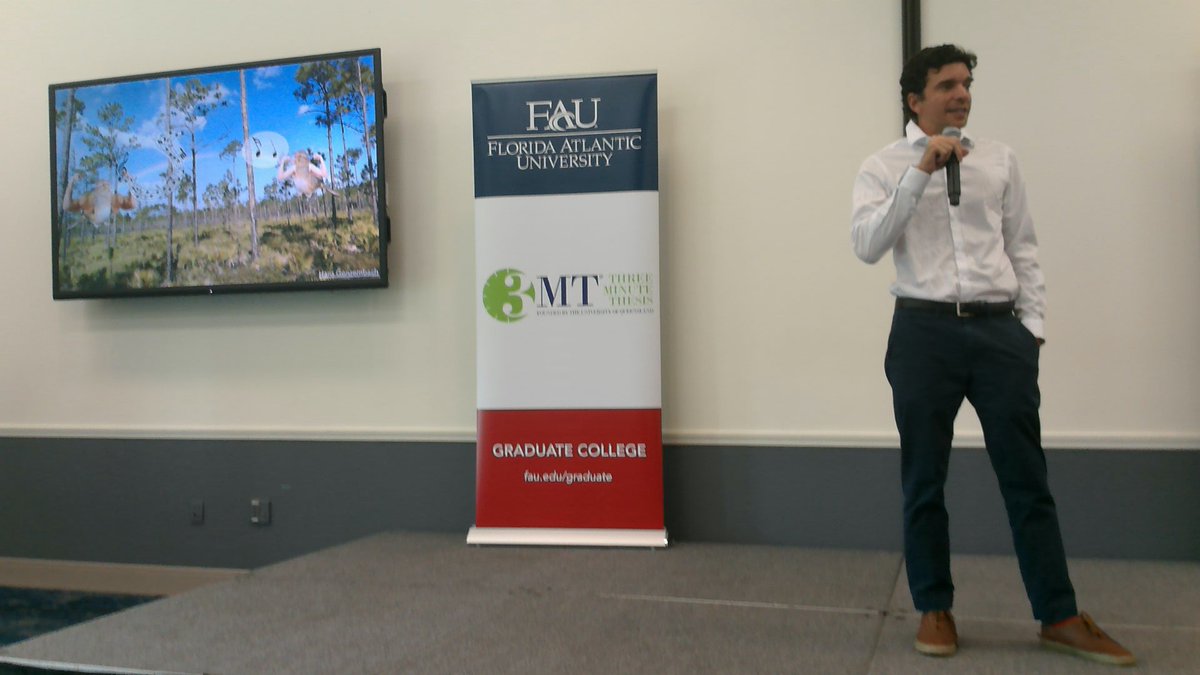 Hans Gonzembach, graduate student from @FAUScience presenting “Disentangling relationships between ornamentation and non-primary vocalizations in a near-threatened songbird (Peucaea aestivalis)” #FAU3MT #3MT #ThreeMinuteThesis #Science #FAUGradCollege #research #scholarship