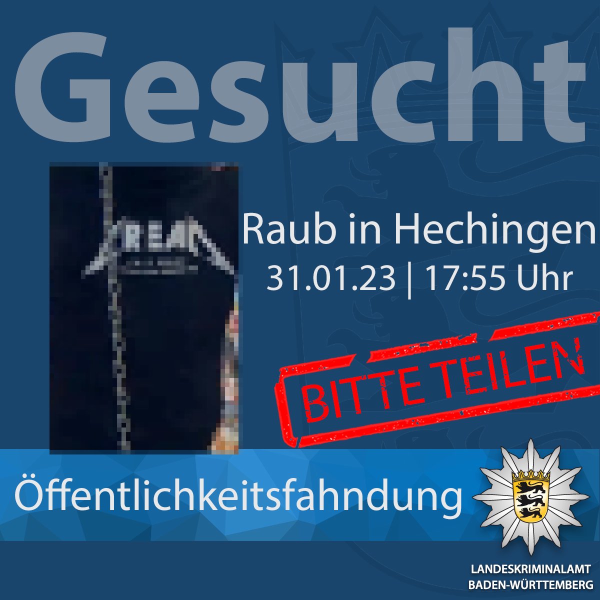 LkaBaWue's tweet photo. #Öffentlichkeitsfahndung - BITTE RT ⚠  Am 31. Januar hat ein Unbekannter einen Kiosk in #Hechingen überfallen. Wir suchen Zeugen. 

Zur Fahndung ▶  https://t.co/7BEBwaUZis 

#LKABW #BereitfürSicherheit https://t.co/pkOGdCa24T