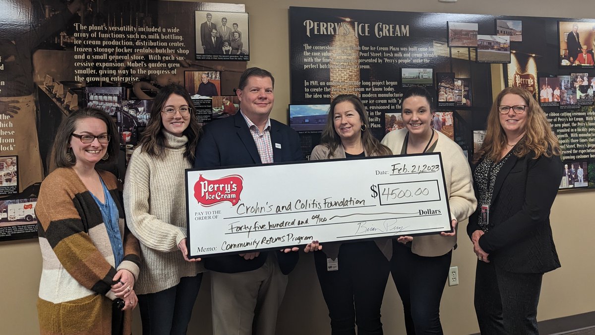 perrysicecream's tweet photo. Our Community Returns team presented a check for $4,500 raised by our generous team members to our bi-annual charity, @CrohnsColitisFn. Thank you to our team members for your continuous generosity and to the Crohn's and Colitis Foundation for all that you do! #PerrysGoodStuff https://t.co/dPvXQGY4HA