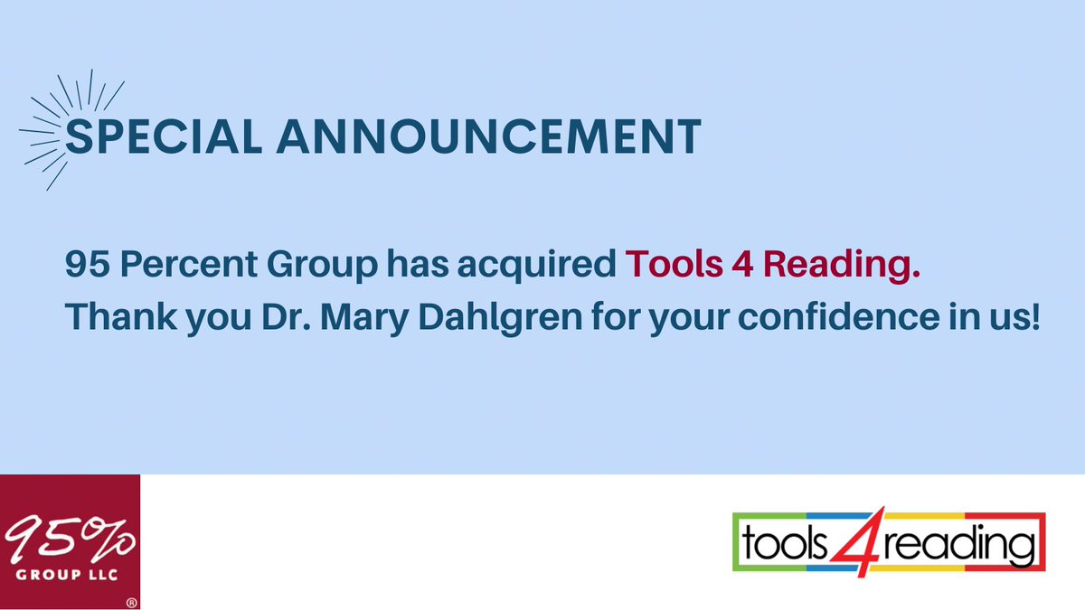 Big news! #95PercentGroup has acquired <a href="/tools4reading/">Tools 4 Reading</a>, a company founded 15 years ago by <a href="/MaryDahlgren/">Mary Dahlgren</a>, Ed.D., to provide educators with the knowledge, skills and resources to ground literacy instruction in the science of reading. Read more: pulse.ly/4r2w1f28qa