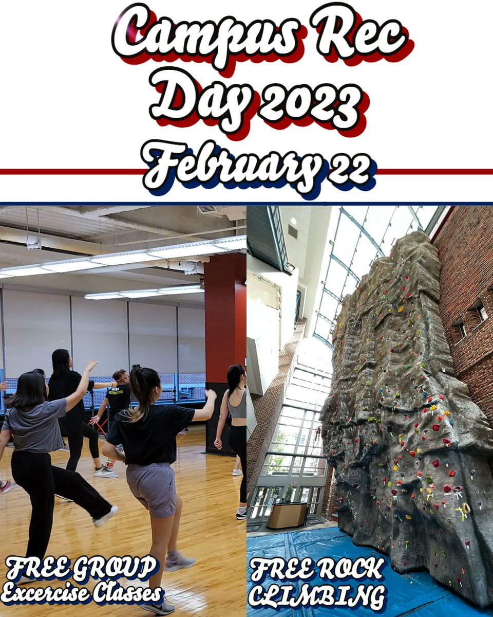 PennCampusRec's tweet photo. Happy🎉Campus Recreation Day🎉 ! This day commemorates the founding of NIRSA!

Rec Day we will offer:
- Free excercise classes (Registration Required)
- Free Rock climbing from 5:30pm - 8:30pm

Hope to see you there!

#NIRSA #CampusRec #RecDay #UPenn https://t.co/p8xf2lci6v
