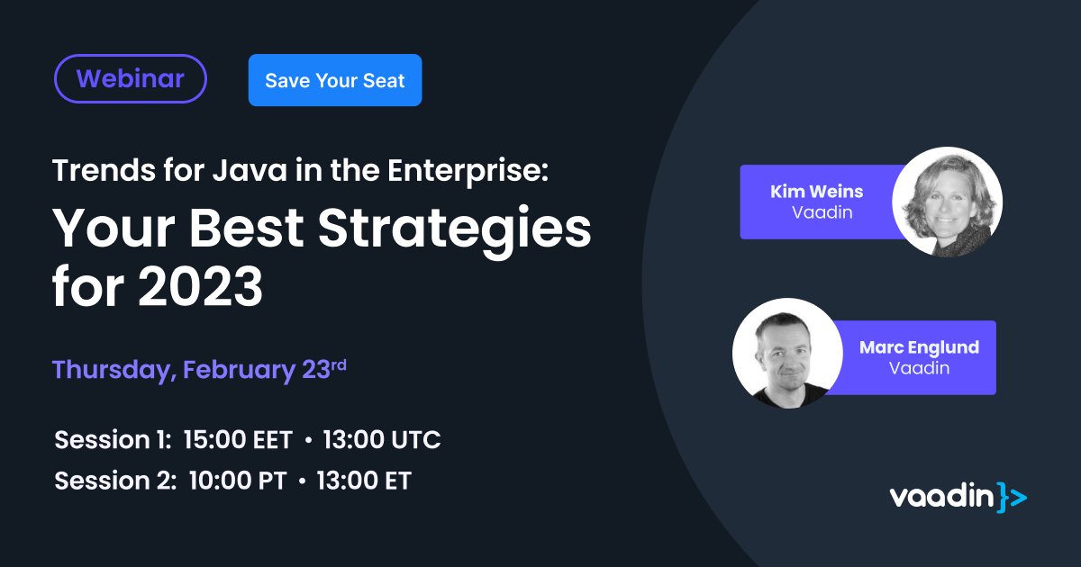 vaadin's tweet image. Join our webinar tomorrow to get the latest trends and strategies for #Java apps in 2023. We'll uncover our findings on the recent 2023 Vaadin State of Java in the Enterprise survey.
Save your seat! bit.ly/40UFPqR
#javatrends #2023StateofJavaintheEnterprise