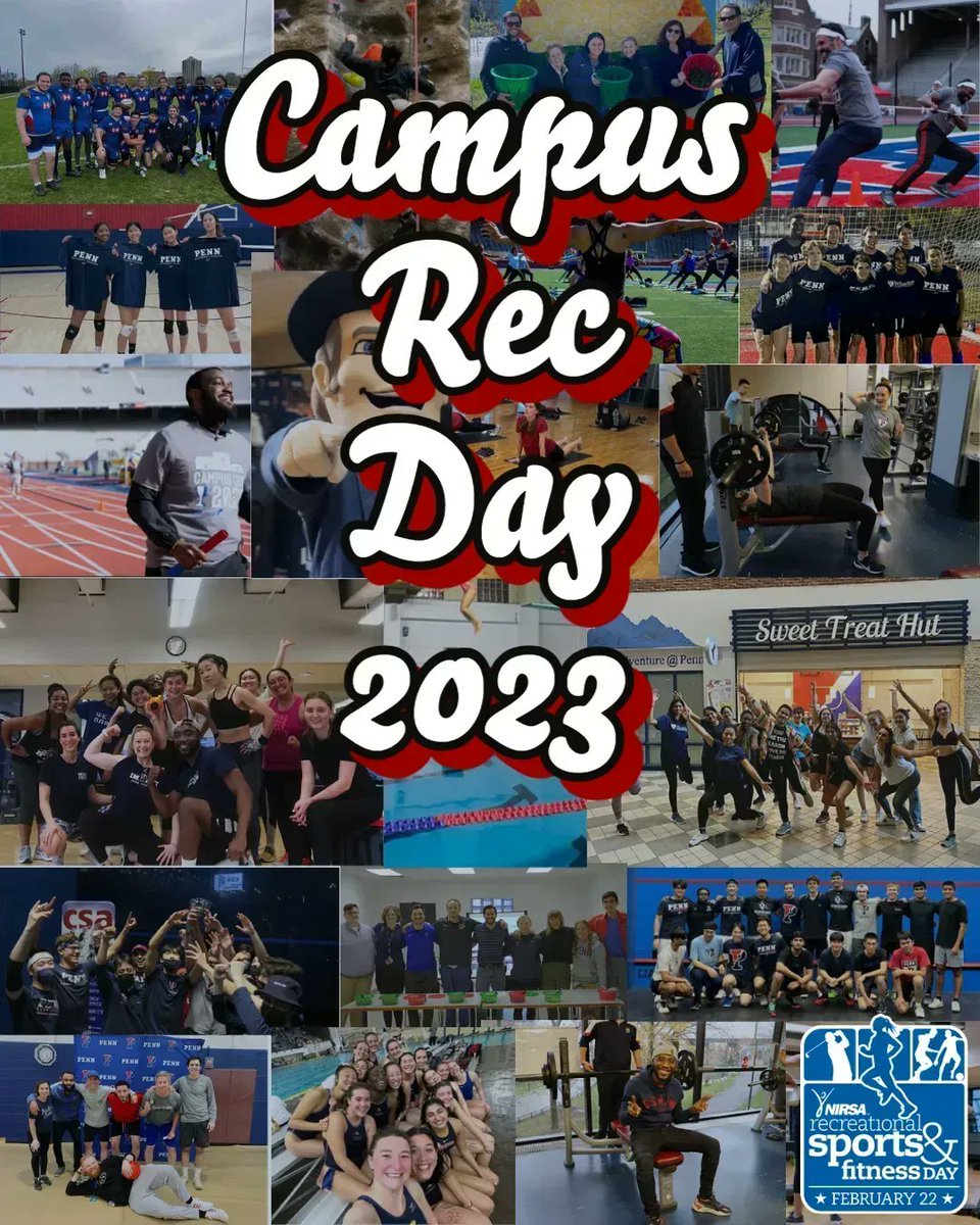 PennCampusRec's tweet photo. Happy🎉Campus Recreation Day🎉 ! This day commemorates the founding of NIRSA!

Rec Day we will offer:
- Free excercise classes (Registration Required)
- Free Rock climbing from 5:30pm - 8:30pm

Hope to see you there!

#NIRSA #CampusRec #RecDay #UPenn https://t.co/p8xf2lci6v