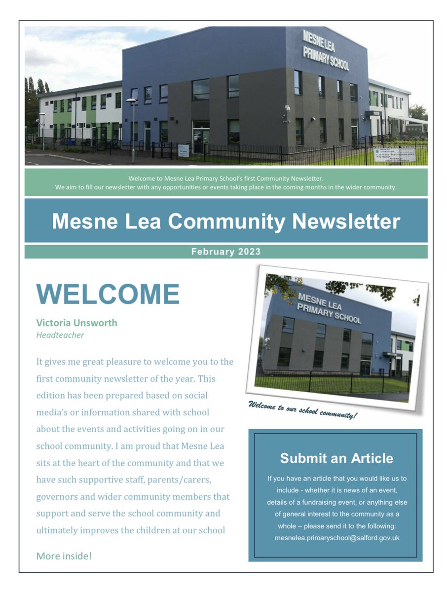 mesne_lea's tweet photo. Our first community newsletter… https://t.co/gSyhvuU8V7 
#togethermore #community #parents #governors #school #partnerships #kickstart #walkden https://t.co/OwOc19opTc
