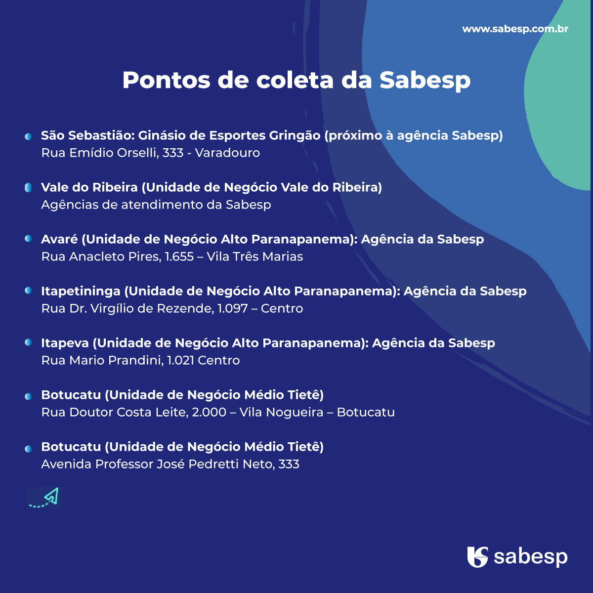 sabesp's tweet photo. Para quem puder e quiser ajudar as famílias do Litoral Norte, confira os itens e locais para a entrega de donativos nos escritórios e agências da Sabesp 💙💧

#EmergenciaLitoralNorte #Sabesp https://t.co/gdBmGUF9Sy
