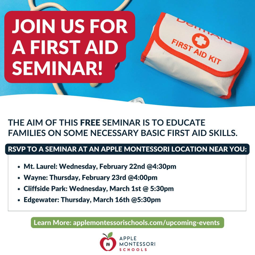 AppleMontSchool's tweet photo. Don't miss out on an upcoming First Aid Seminar! This seminar can teach you how to react to an emergency health, illness, or injury situation until medical professionals arrive.
See you there! RSVP Today: https://t.co/8gHaCnlElh
🚨 https://t.co/7UhWZFm36r
