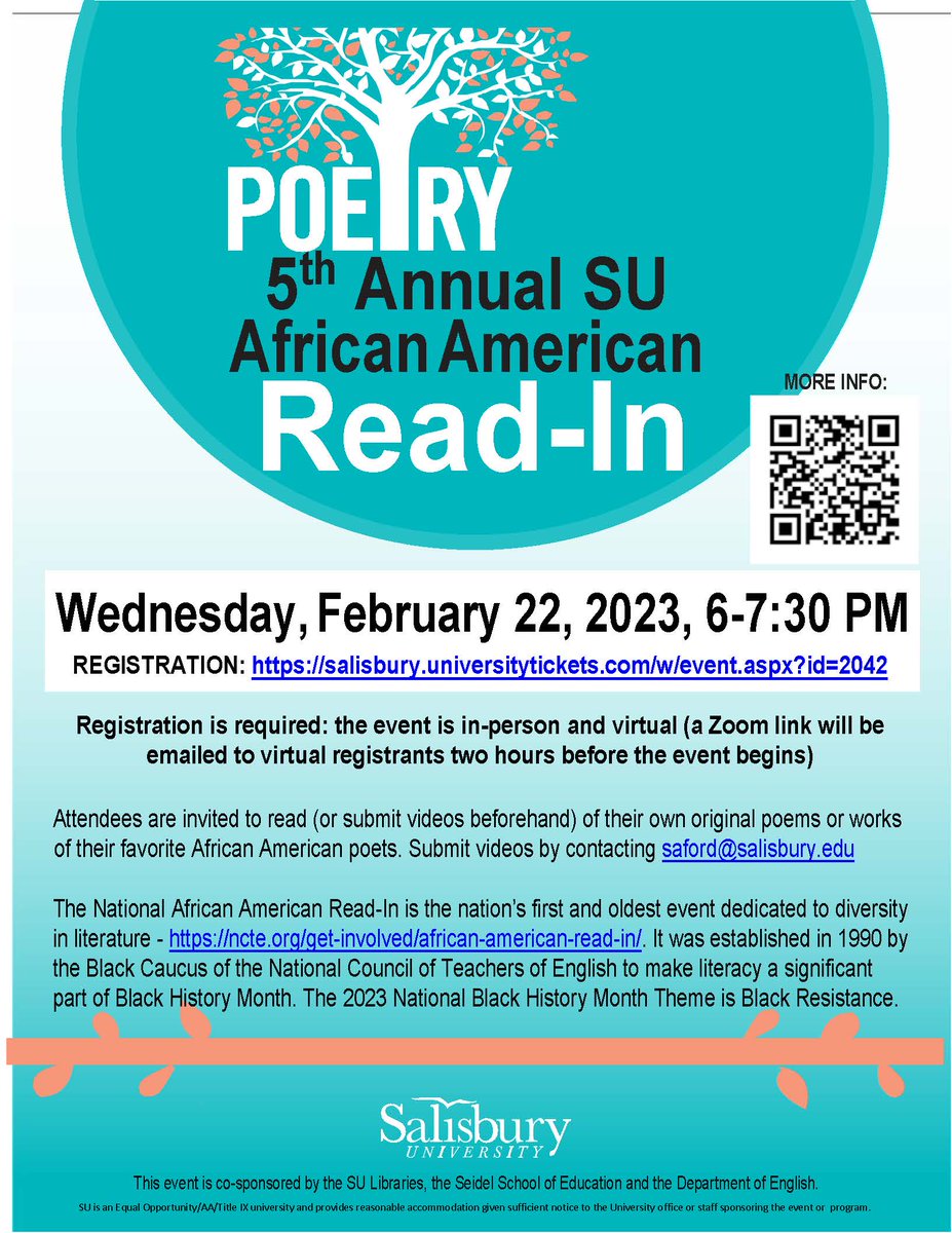USMWomensForum's tweet image. Tonight! The 5th Annual @SalisburyU African American Poetry Read In! 🖤

Join us this evening, Wednesday February 22nd 6-7:30 pm EST- open to the public via zoom! Registration is needed for all attendees, in-person or virtual! See you soon!

Register here: salisbury.universitytickets.com/w/event.aspx?i…