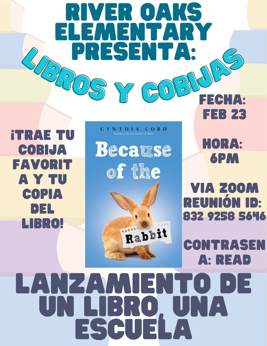 The River Oaks Reading Department is excited to host our 3rd annual Books &amp; Blanket Night, Thursday February 23 at 6:00pm VIA Zoom.  Bring your favorite blanket as we snuggle up to introduce the book "Because of the Rabbit."  Hope to see you there!  <a href="/PWCSNews/">PWCS</a> <a href="/AReadingTitle11/">A_ReadingTitle1Teacher</a>