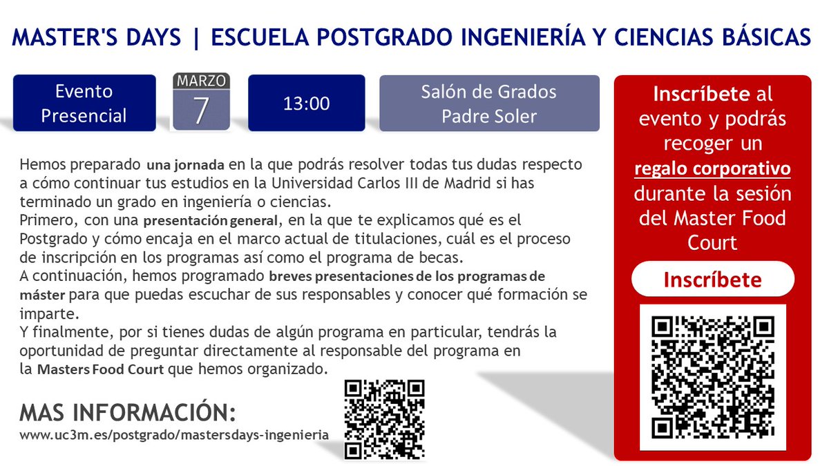 EPS_UC3M's tweet photo. ¿Quieres estudiar un máster en la @EPS_UC3M ?
Infórmate en:
📌Master´s Day. Escuela de Postgrado Ingeniería y Ciencias Básicas
📅7 Marzo
⏰13.00h
🌐Salón de Grados @EPS_UC3M
#Ingeniería #UC3M #MasterUC3M #CampusDeLeganés https://t.co/y6Z73nTUov