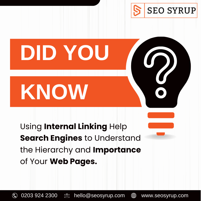 Did You Know?
.
Using Internal Linking Help Search Engines to Understand the Hierarchy and Importance of Your Web Pages.
.
.
#seosyrup #internallinking #SEOstrategy #linkbuilding #contentoptimization #SEOtips #onpageseo #SEOhacks #digitalmarketing #googlealgorithm #rankings