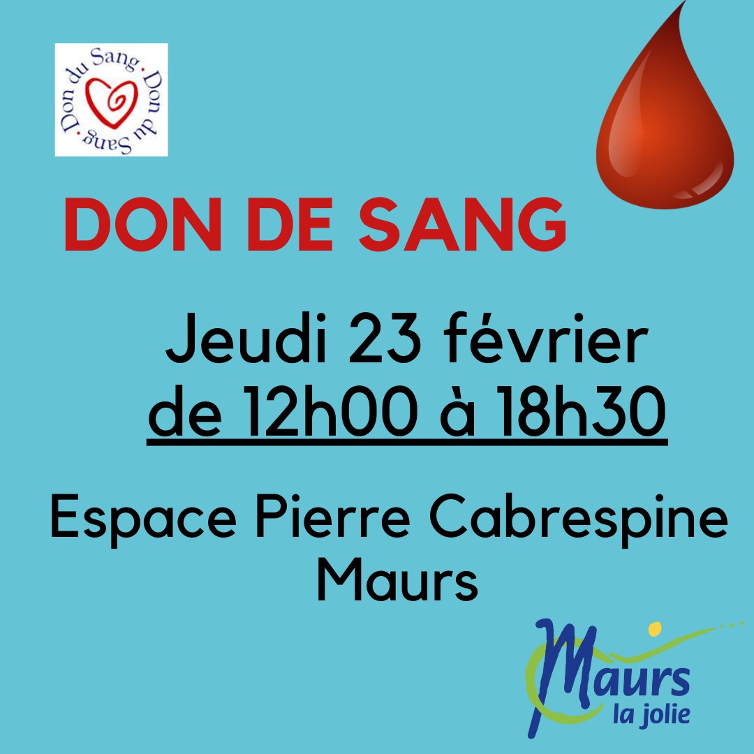Jeudi 23 février, l' <a href="/EFS_dondesang/">Établissement français du sang</a> , l' #UD15 - Don de Sang Bénévole organise une collecte de sang de 12h à 18h30 à #Maurs.
Pour faciliter les dons, prenez rendez-vous sur mon-rdv-dondesang.efs.sante.fr/.../sang/23-02…