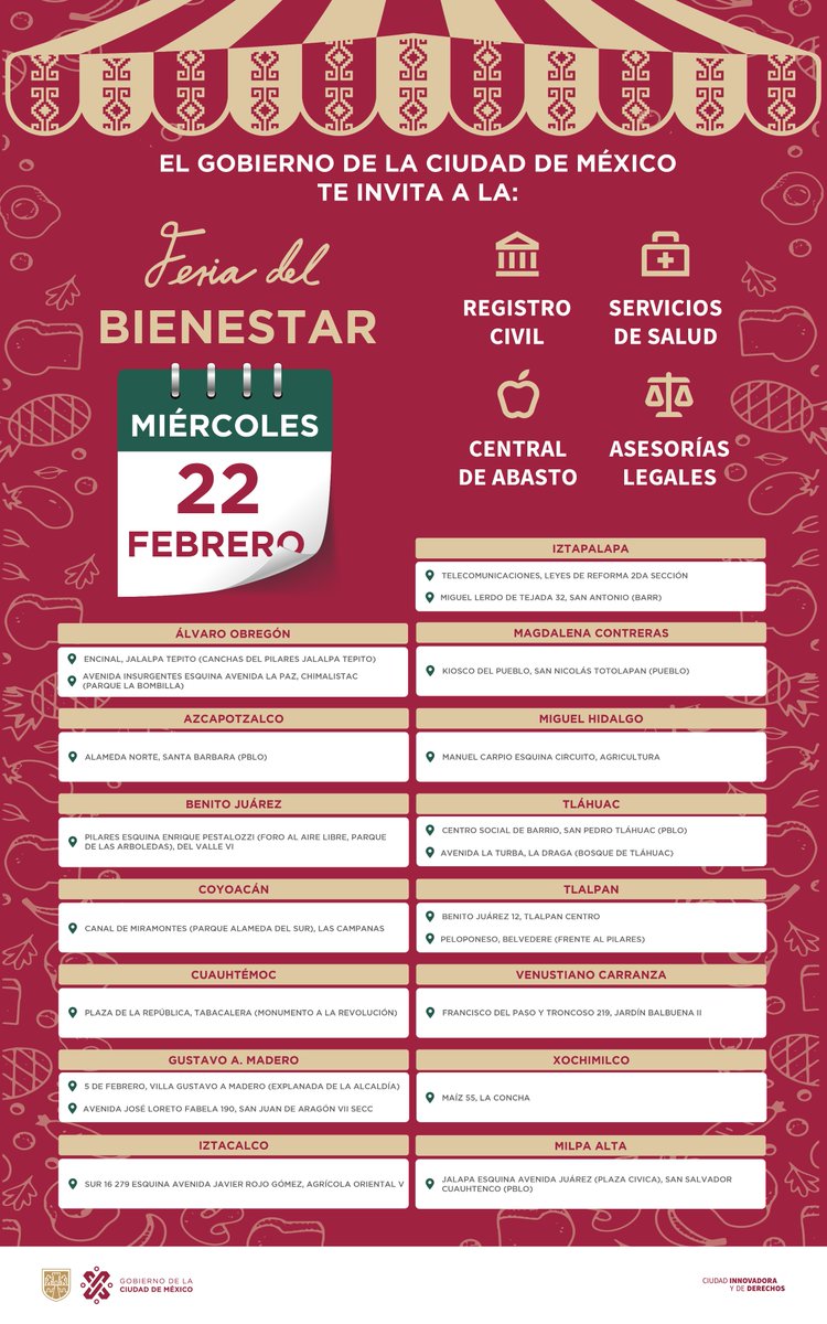 Visita las #FeriasDelBienestar de lunes a sábado.

El <a href="/GobCDMX/">Gobierno de la Ciudad de México</a> pone a tu disposición:
📑Servicios y trámites sin costo
🍅Alimentos a precios de la <a href="/CdeAbastoCDMX/">Central de Abasto CDMX</a>
✅Actividades para niñas y niños con <a href="/CdmxPilares/">PILARES CDMX</a> y <a href="/CulturaCiudadMx/">Secretaría de Cultura de la Ciudad de México</a>

#UnGobiernoCercaDeTi
<a href="/Claudiashein/">Claudia Sheinbaum Pardo</a>