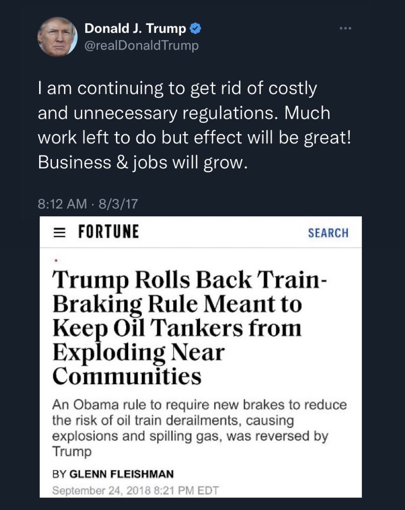 Trump is heading to East Palestine, Ohio today to blame Biden for the derailment and say if he was POTUS it never would’ve happened yada yada yada so let’s remind him of who is really to blame