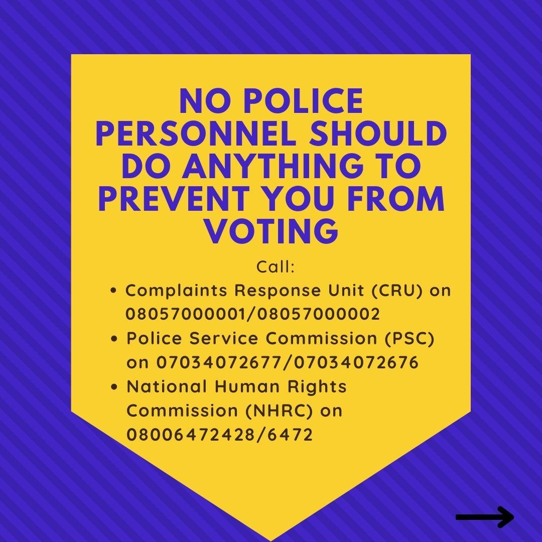 WRAPA Nigeria (@wrapang) on Twitter photo Your vote is your right! For any police misconduct during the elections, please call <a href="/PoliceNG_CRU/">POLICE COMPLAINT</a>, @POLICESERVICEC2 and <a href="/NhrcNigeria/">NHRC Nigeria</a> via the numbers contained in the flier.
#NigeriaDecides2023 #ReportPoliceMisconduct
<a href="/StateINL/">US Dept of State INL</a> Your vote is your right! For any police misconduct during the elections, please call <a href="/PoliceNG_CRU/">POLICE COMPLAINT</a>, @POLICESERVICEC2 and <a href="/NhrcNigeria/">NHRC Nigeria</a> via the numbers contained in the flier.
#NigeriaDecides2023 #ReportPoliceMisconduct
<a href="/StateINL/">US Dept of State INL</a>