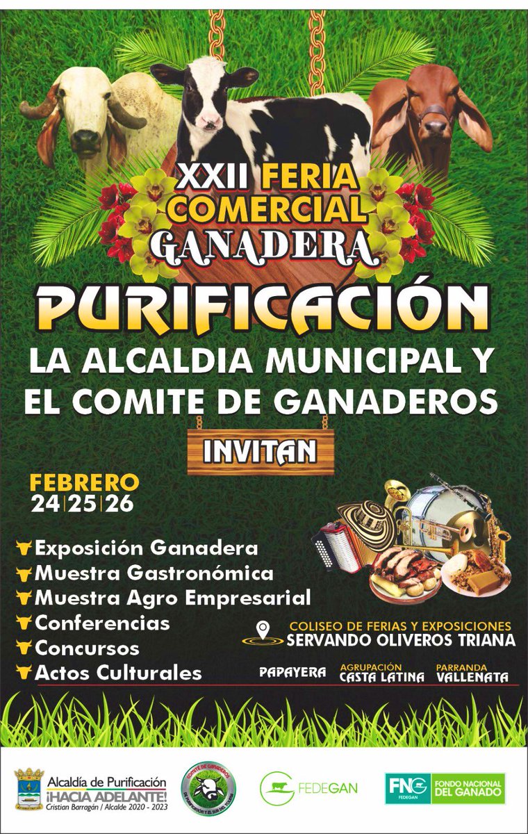 PLpurificacion's tweet image. La @AlcPurificacion, el @comitepuri y el proyecto local @PLpurificacion hacen la invitación a la XXII Feria comercial ganadera de Purificación
@Fedegan @jflafaurie 
#ConstruyendoGanadería 
#OrgullosamenteGanaderos