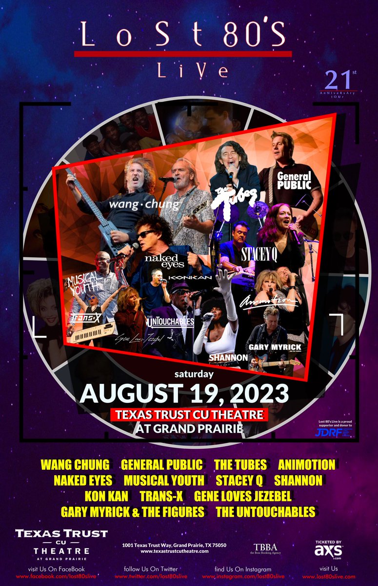 STACEY Q 🎤🎶
📣 LOST 80'S LIVE! 21ST ANNIVERSARY TOUR 
 SHOW ANNOUNCEMENT! 

Saturday August 19, 2023
<a href="/TxTCUTheatre/">Texas Trust CU Theatre</a> 
Grand Prairie, TX

and our 1st official after show MEET and GREET since 2020
Benefiting  JDFR 

for tickets 🎟️ 
👉🏻 lost80slive.com/buy-now