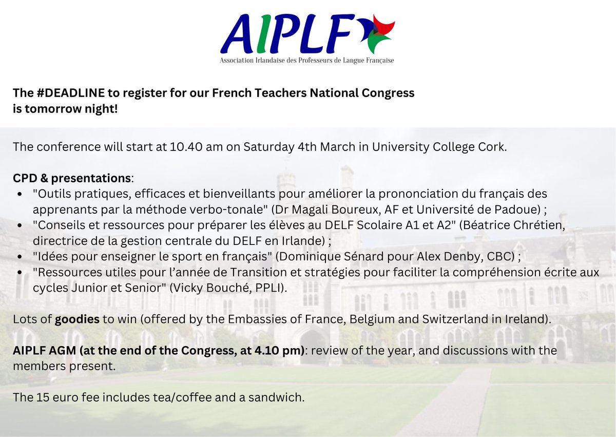 To register for our #French #Teachers Conference by tomorrow night:
aiplf-ireland.com/2023/02/06/con…

@FranceinIreland @Swiss_IRL @BEinIreland @FrenchDeptUCC @corkcitycouncil @languages_ie @JCforTeachers @afdublin @afcork @CJ_Fallon @edco_ie @educateie @GillEducation @FolensEducation