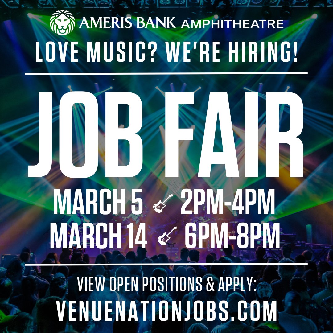 AmerisBankAmp's tweet photo. #NowHiring! 🎸 Want to work in live music? Head to our Job Fair on 3/5 &amp; 3/14 to meet our team and learn about our openings in Guest Services, Security, Sustainability, and more. 🎶♻️

View open positions &amp; apply: https://t.co/j8VpNQeEl4 https://t.co/nZ8W86t6Qm
