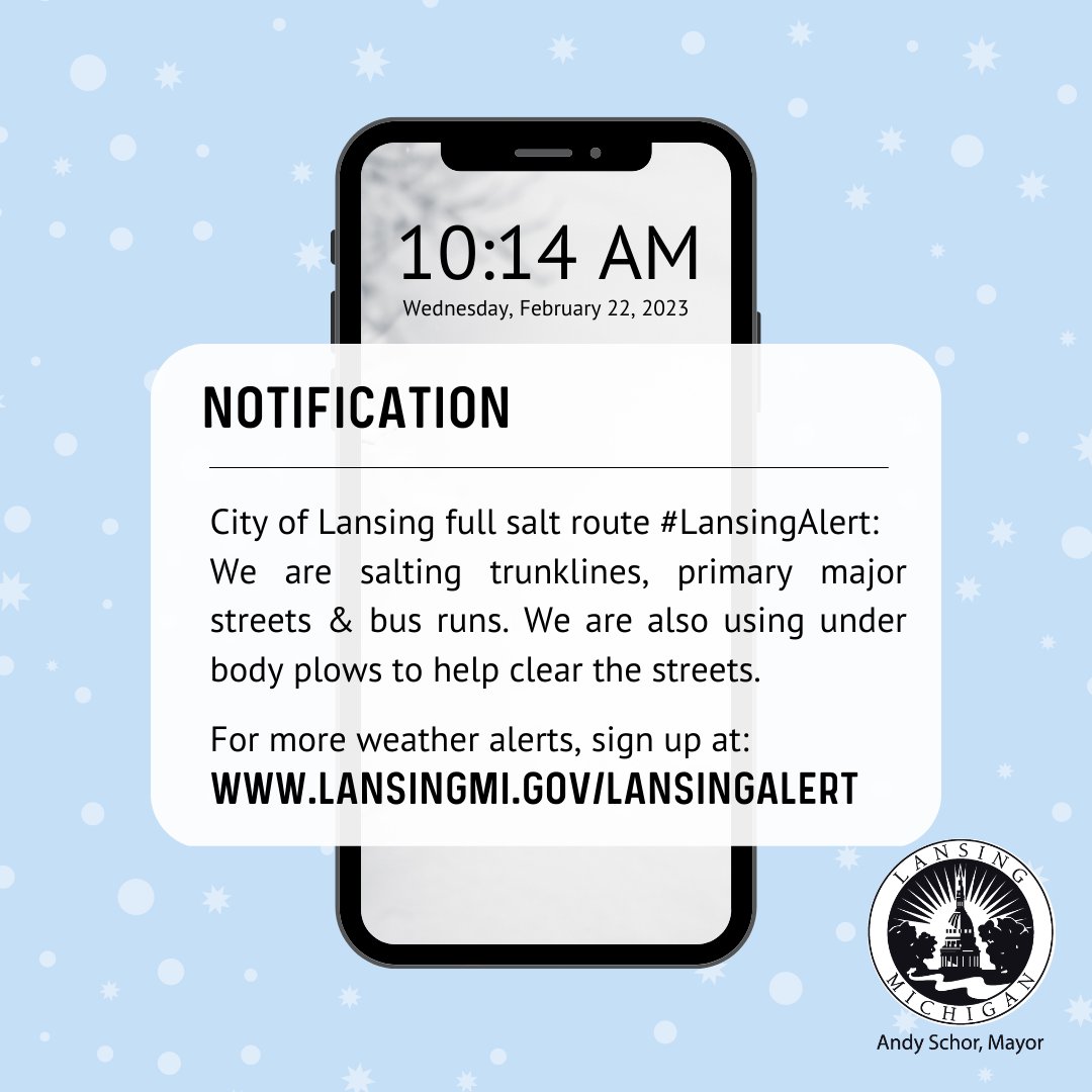 lansingmichigan's tweet photo. City of Lansing full salt route #LansingAlert: We are salting trunklines, primary major streets &amp; bus runs. We are also using under body plows to help clear the streets.

For more weather updates, sign up for Lansing Alert at: https://t.co/ONuCbodiOj. https://t.co/8GsVGQkrJK