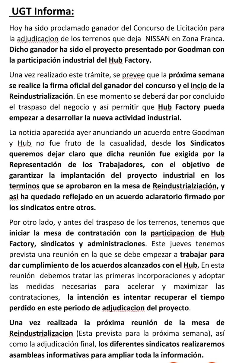 *📢 UGT 

📅 Hoy ha sido proclamado ganador del Concurso de Licitación para la adjudicacion de los terrenos que deja  NISSAN en Zona Franca. 
+ info en la foto 
#ugtfica #ugtcatalunya #ugtbcn #ugtficacatalunya