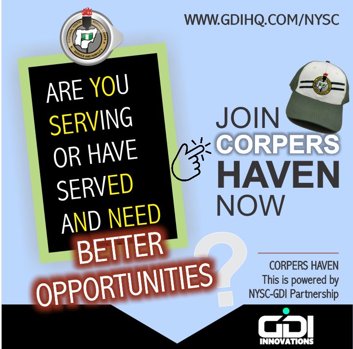 GdiInnovations's tweet photo. GDI Innovations, in partnership with the NYSC, is providing better opportunities for serving corpers and ex-corpers.

If you have ever served or serving and you need better options to grow successfully, visit https://t.co/bhby13CcZJ now. https://t.co/FVwNPzAHFH