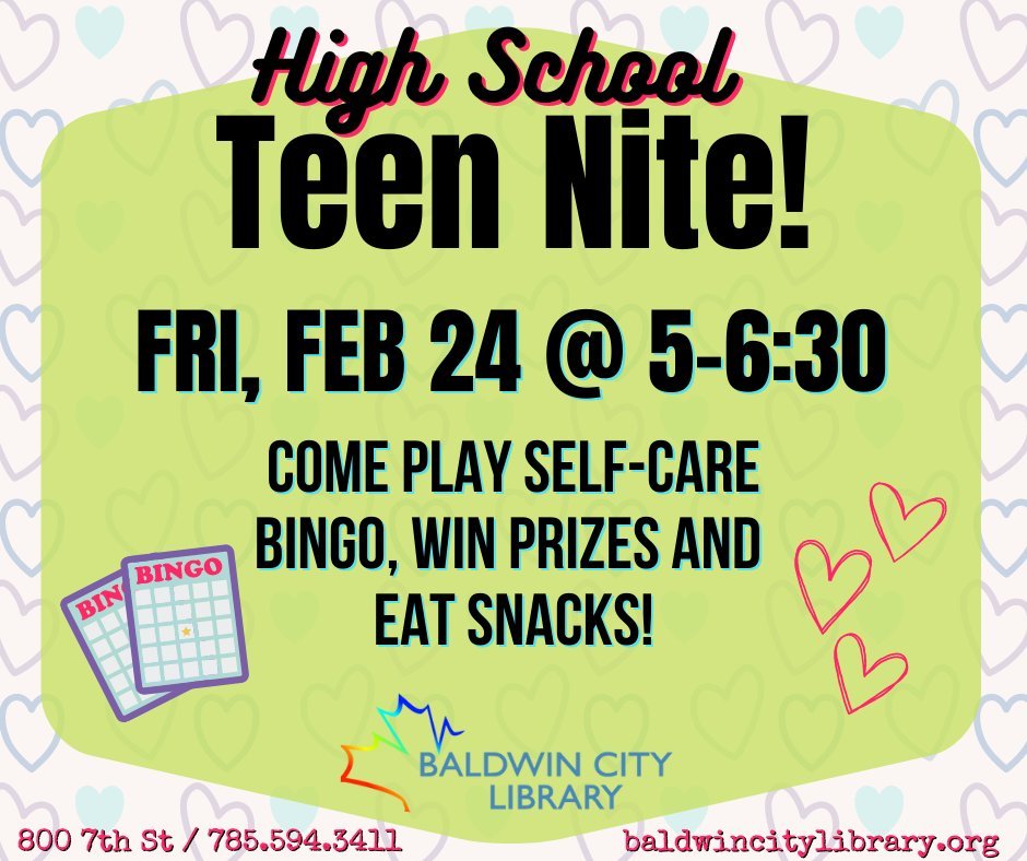 bclibrary_ks's tweet photo. Tell your teens! Fun prizes and snacks. Bring a friend or make a new one this Friday, 5pm😀 https://t.co/lPfymfdUq4