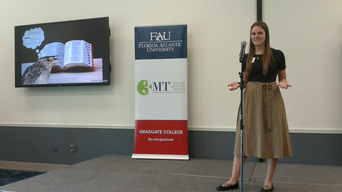 Heather Wolverton, graduate student from @FAUScience presenting “Repertoires of Redundancy: Exploring the Function of Vocal Complexity in Bachman’s Sparrow Song” #FAU3MT #3MT #ThreeMinuteThesis #Science #FAUGradCollege #research #scholarship