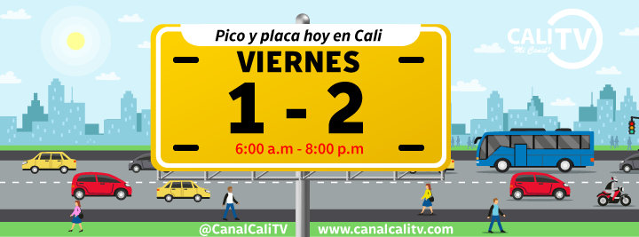 Buenos días, recuerda que el #PicoYPlaca en #Cali para hoy viernes es: 1 y 2.
De 6:00 a.m. a 8:00 p.m