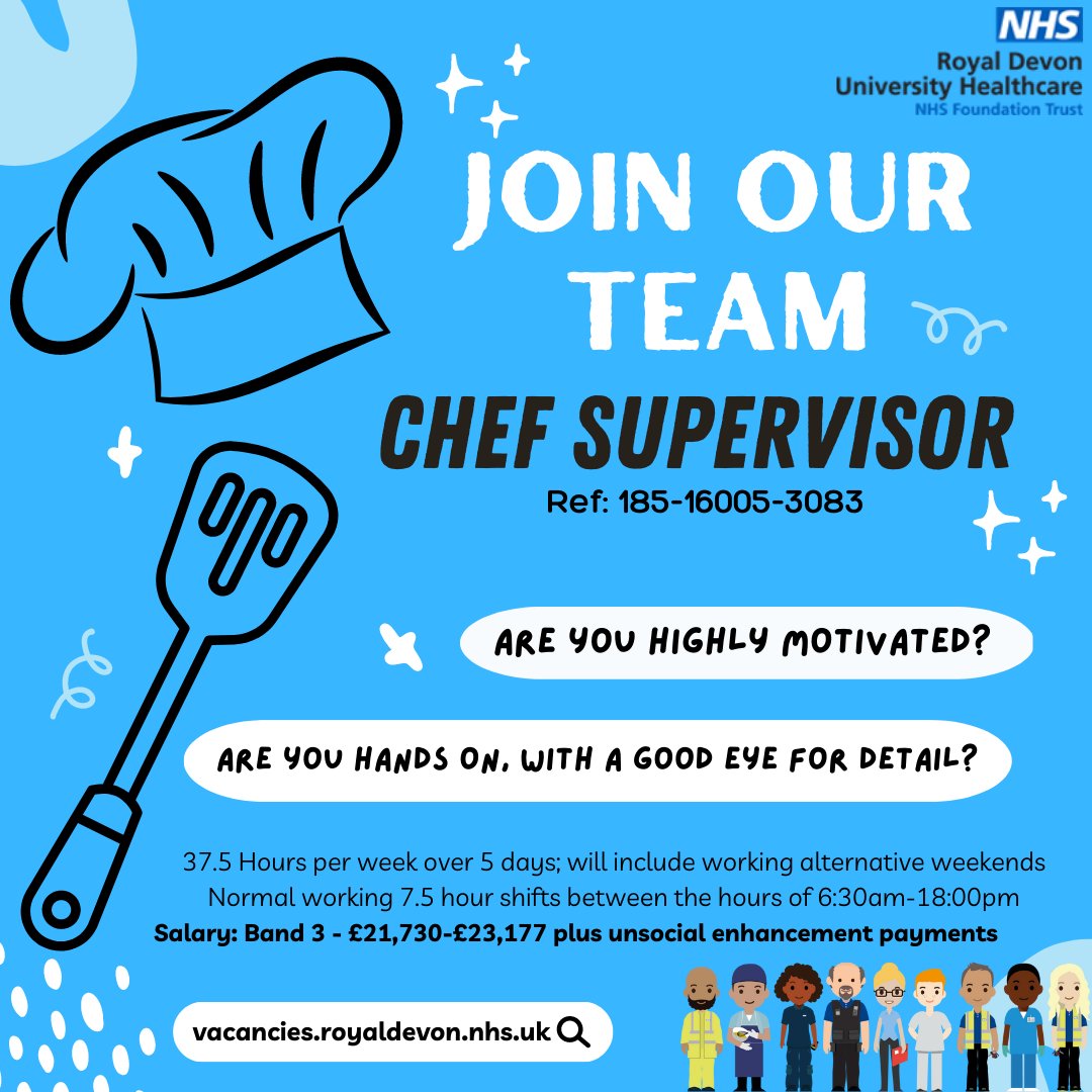 RDUH_Facilities's tweet photo. Are you hard working, reliable and a team player with a passion for food? say no more!🍳

We are looking for a Chef Supervisor to join our in-house team.  

If this catches your eye and you want more information, follow this link directly to the advert!⬇️
https://t.co/HSTRWIZCDM https://t.co/V2lG8Ht1Ug