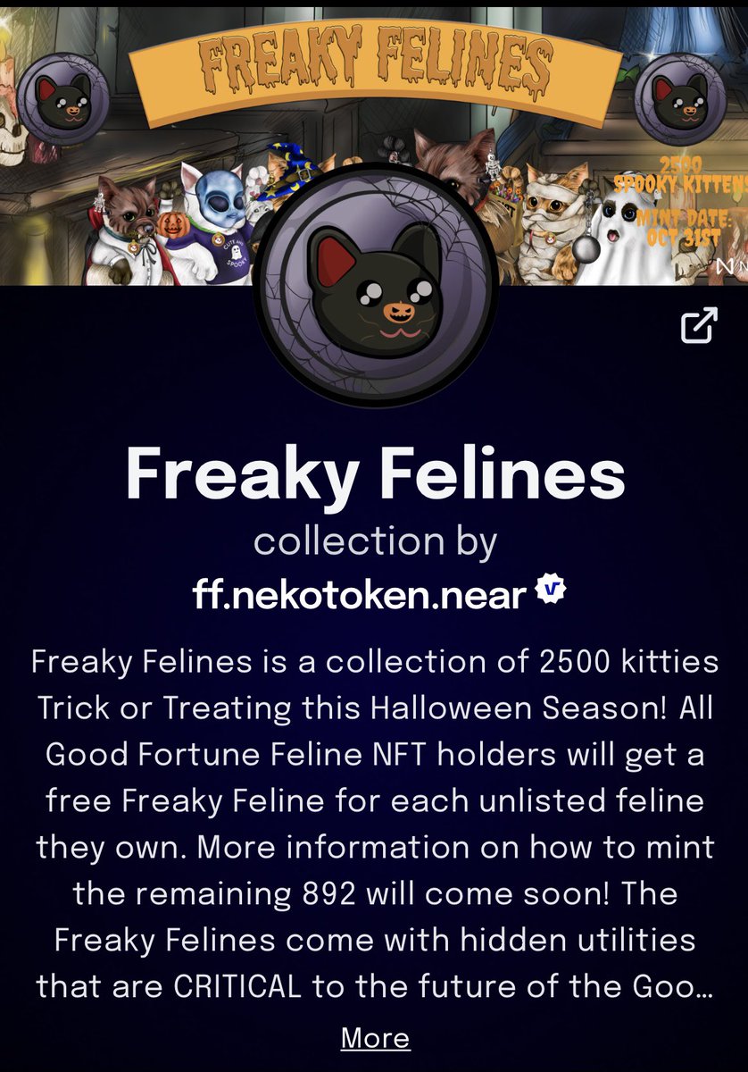 nekotoken_xyz's tweet photo. Only 56 Freaky Felines listed 😏 

$NEKO is $NEAR #freakyfelines https://t.co/5mYYOlPtb8