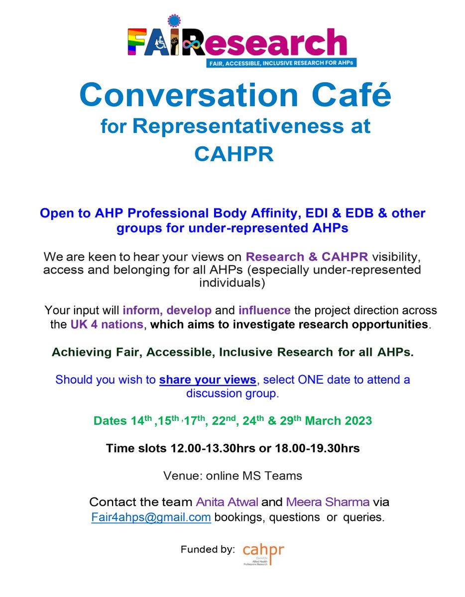 OfficialCAHPR's tweet photo. EVENTS:

Conversation Cafes for Representativeness at CAHPR

Open to AHP Professional Body Affinity, EDI &amp; EDB &amp; other groups for under-represented AHPs. https://t.co/avrYeVOtWV