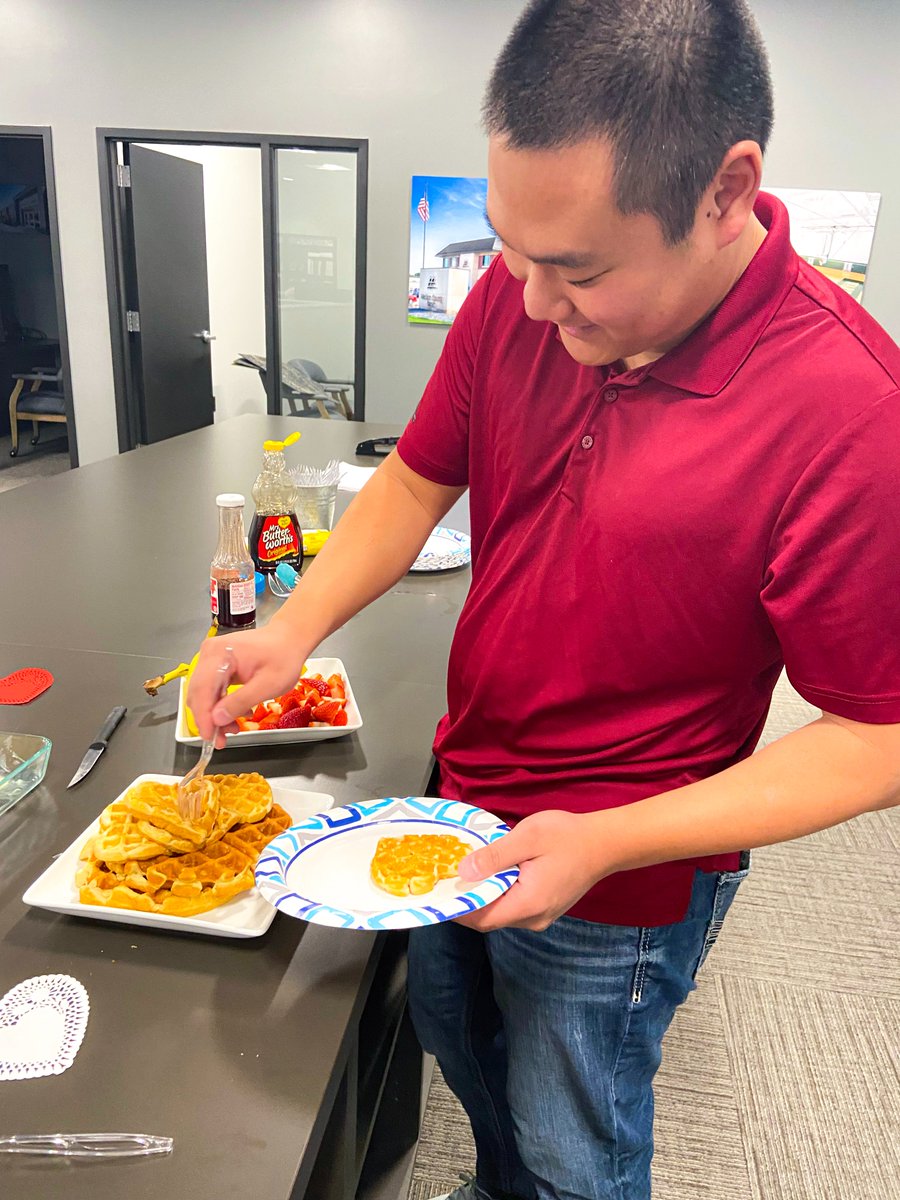 BuildHCI's tweet photo. Our annual Waffle Bar on Valentine's Day was a sweet success! Thank you to our amazing team for making it a heartwarming and delicious event. #WaffleBar #ValentinesDay #WorkPerks #BuildHCI #Hausmann https://t.co/nXip4yionD