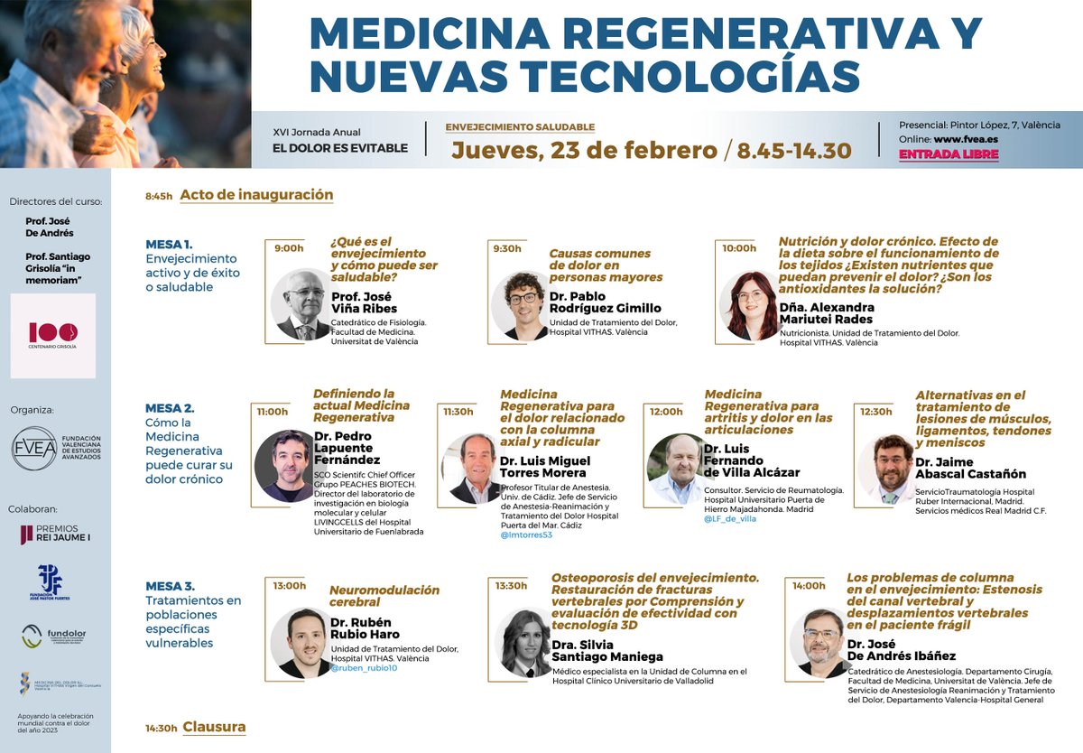 _fvea's tweet photo. El dolor es evitable. Dieciséis años con esta jornada que este año dedicamos a la #Medicinaregenerativa y las nuevas tecnologías. Con el Dr. de Andrés @HGUVALENCIA @lmtorres53 @Anest_Rodriguez @LF_de_Villa  y @ruben_rubio10 entre otros
📅 23F
⏰08.45-14.30 h
🏛️C/ Pintor López, 7 https://t.co/HSxRGtT11Y