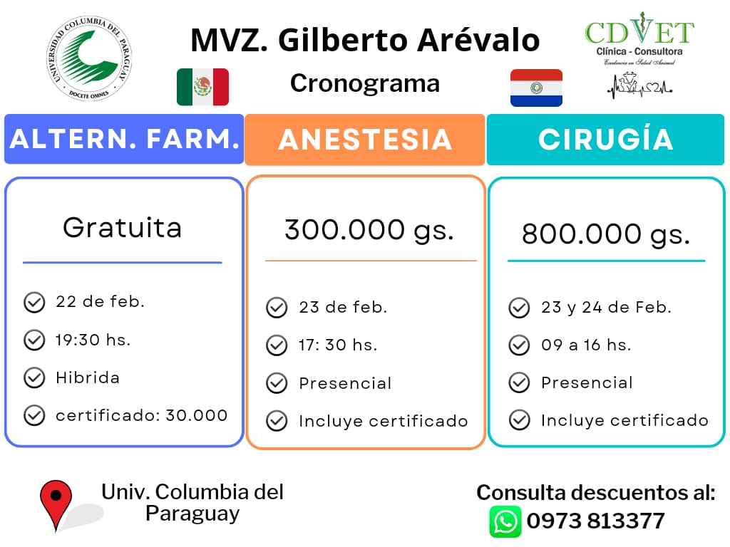 juliorroman's tweet photo. Prof. Dr. Vet. GILBERTO ARÉVALO 🇲🇽
En la Universidad Columbia del Paraguay

PRÓXIMOS CURSOS 

 1. Alternativas Farmacológicas (Gratuito) 
 (22 de feb. 🕜 19 hs.)

2. Anestesia
(23 de feb. 🕜 17:30 hs.)

3. Cirugía
(23 y 24 de feb. 🕜 9 a 16 hs.)

Información al 0973 813377 https://t.co/h7B7HxlGNb
