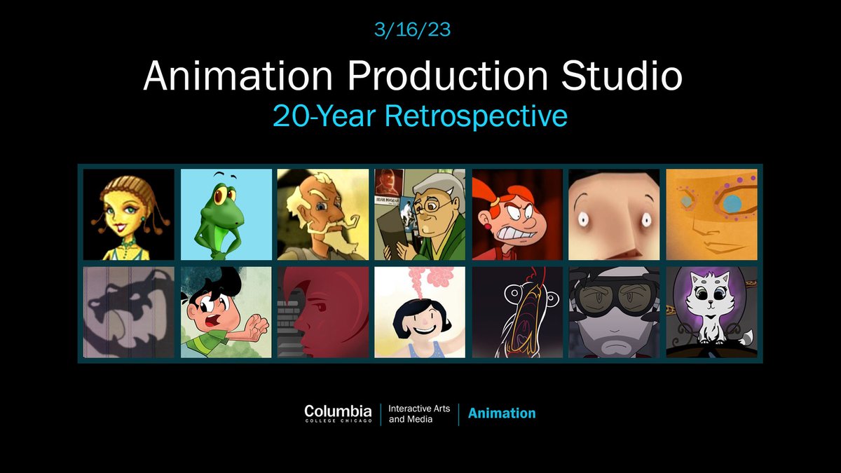 Come celebrate 20 YEARS of student #animation at the Animation Production Studio Retrospective!
🎉🎬👾🎞️🍿

When: Thu 3/16
Where: Film Row, 1104 S Wabash, 8th floor
What: 14 awesome student created animated films!