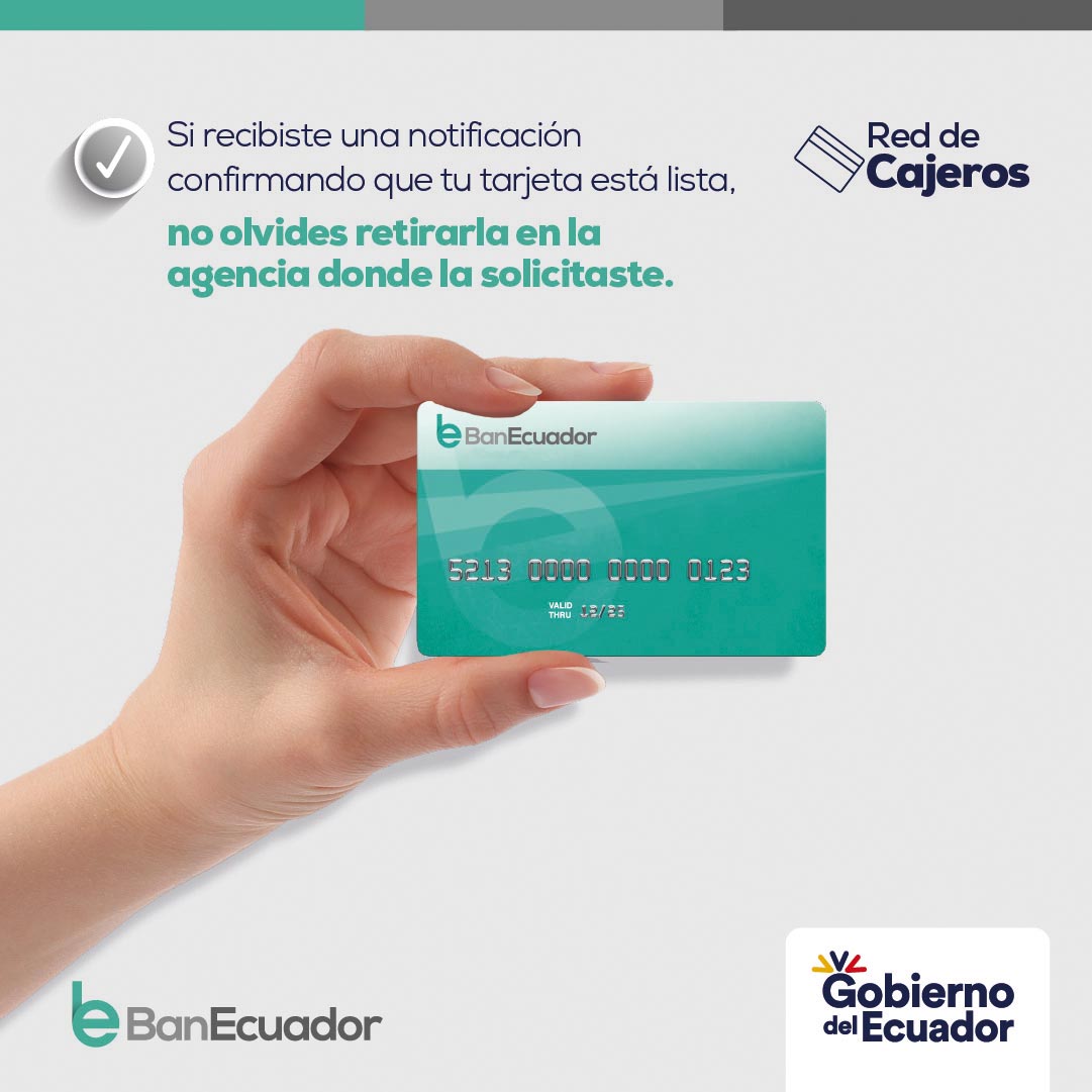 BanEcuadorBP's tweet photo. 🔴¡Atento!

💳 Si solicitaste la tarjeta de cajero, ya puedes acercarte a retirarla en la agencia. https://t.co/2CqMubjuKj