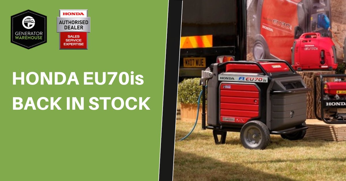 GenWarehouse's tweet photo. ❗️❗️ Back in stock ❗️❗️

We’ve received delivery of more petrol generators – this time the Honda EU70is.

With high demand and limited stock, be sure to get yours today!

https://t.co/wDnREIRyGS

#Generators https://t.co/3rIT5oqk5Q
