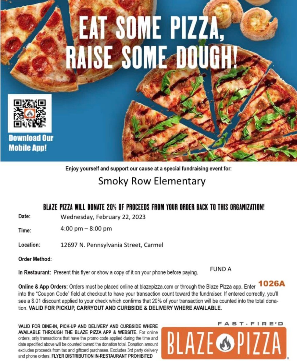 SREPTO's tweet image. Dine Out with the PTO Tonight!!!  @ BlazePizza
Check out the flyer for the information to take advantage of this great deal!