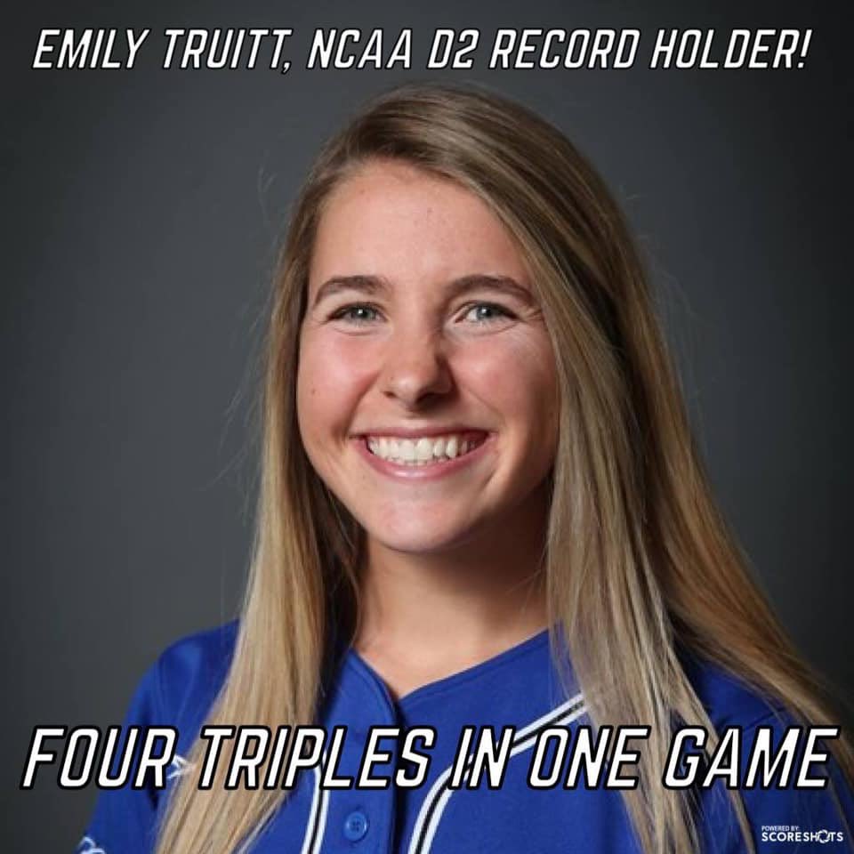 RockUSoftball's tweet photo. 4 years ago today Emily Truitt set the Division II record for number of triples hit in one game. In the 10-4 win over Northwood, she had 4 triples and 4 RBIs. Emily keeps Rockhurst on the map by still holding the record today!🤩😎 We are still so proud of you &amp; always will be!💙 https://t.co/xlfb0lCQ3P