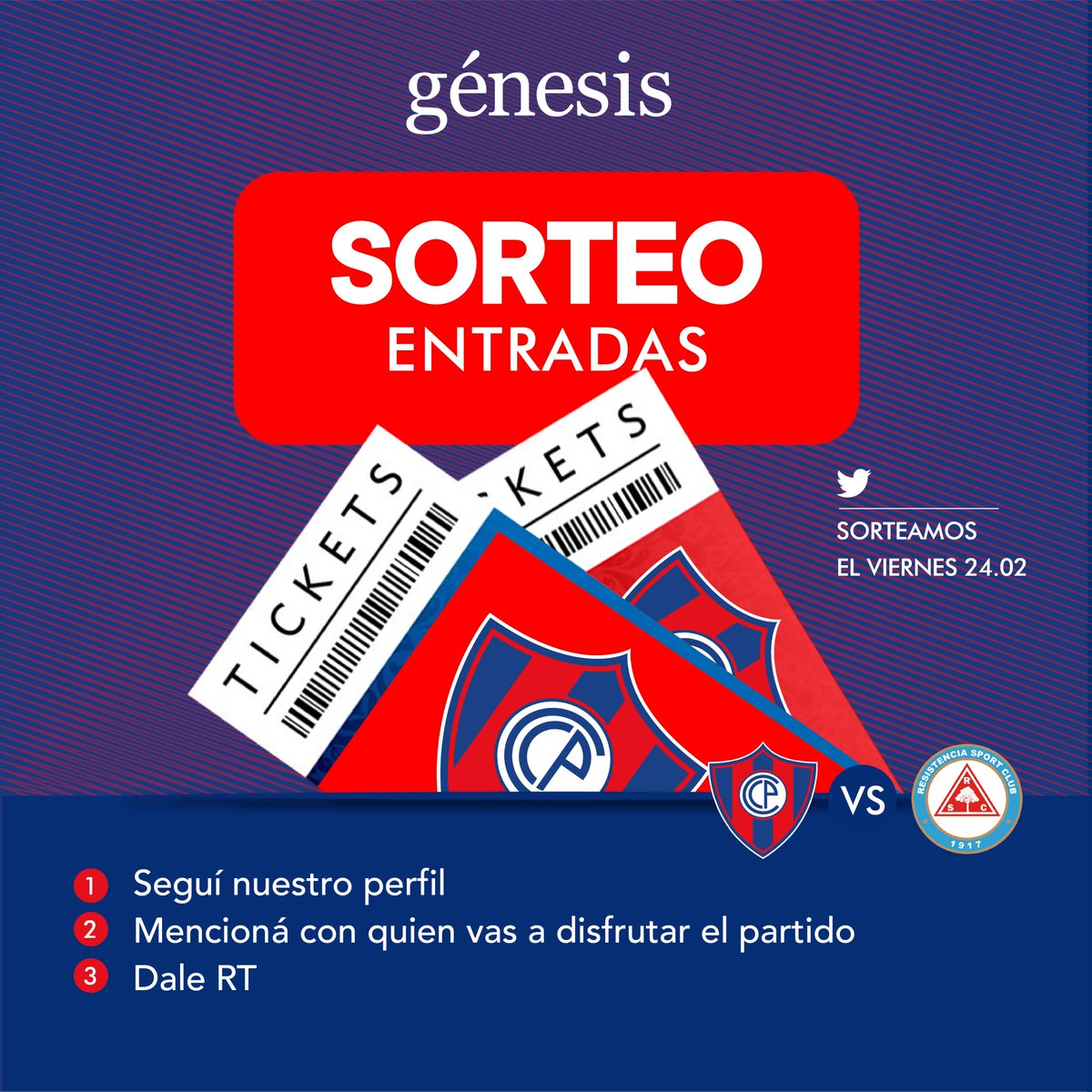 ATENCIÓN amigos twitteros‼️

Sorteamos un par de entradas para el partido de Cerro Porteño VS Resistencia este viernes 20:30 hs🤩🥳

Solo tenes que seguirnos, mencionar a un amig@ y dar RT 👌🏼

#AguaGenesis #Cerro #sorteo #Paraguay