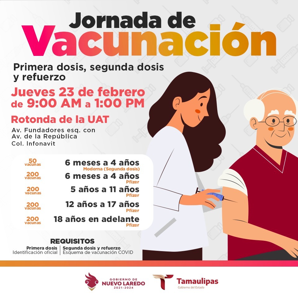 foojavx's tweet image. ¡Atención! 📣
👉 No te pierdas la Jornada de Vacunación contra COVID-19, este próximo Jueves 23 de Febrero, de 9:00 am a 1:00 pm.
💉 Primeras Dosis
💉 Segundas Dosis
💉 Refuerzos
Consulta toda la información en la siguiente imagen  @Carmenliliacrv  #NuevoLaredo #Tamaulipas