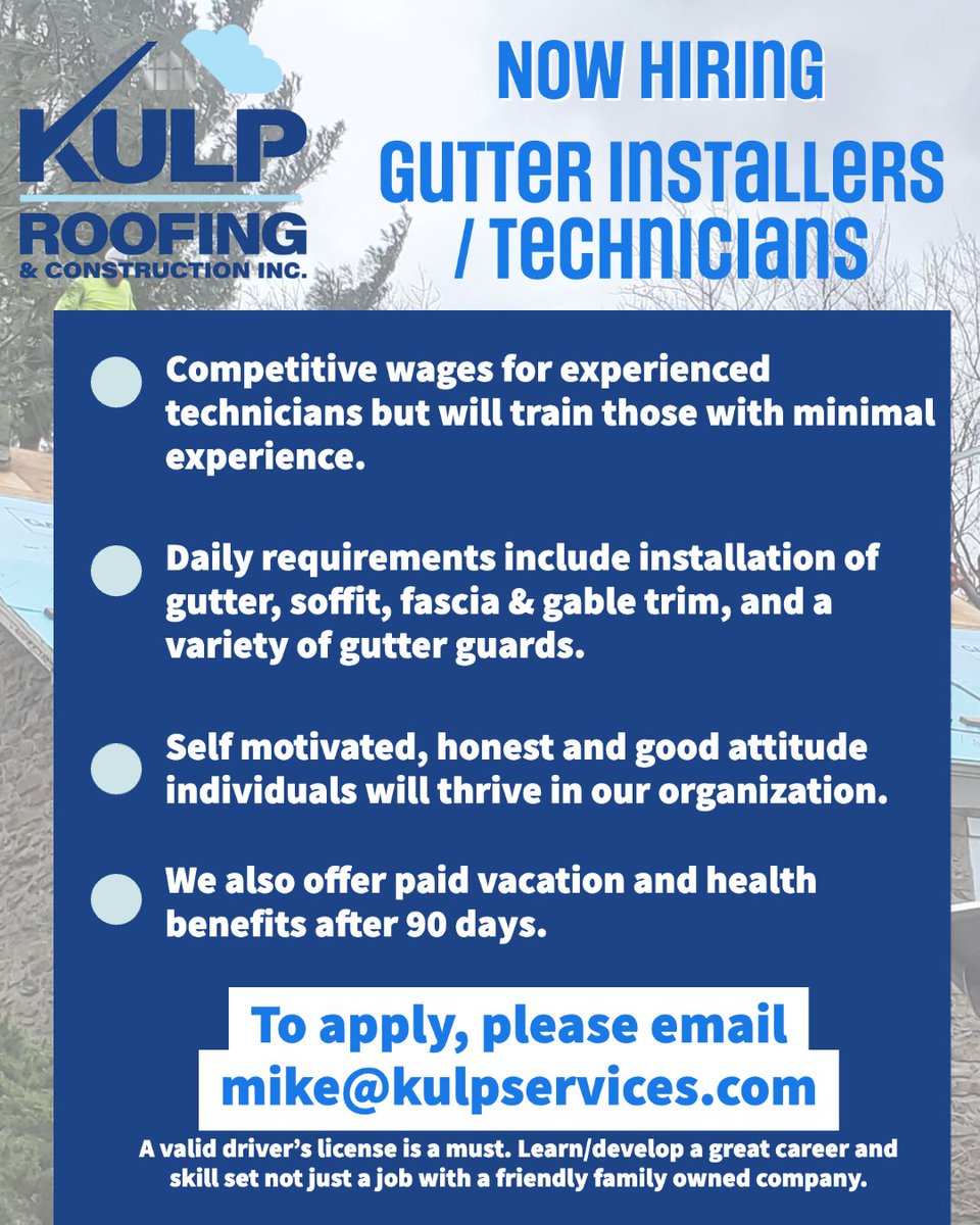 kulproofing's tweet image. Now Hiring: Gutter installers/technicians 

Please email mike@kulpservices.com to apply

kulproofing.com #kulproofing #helpwanted #lehighvalley #poconos #buckscounty #tamaqua