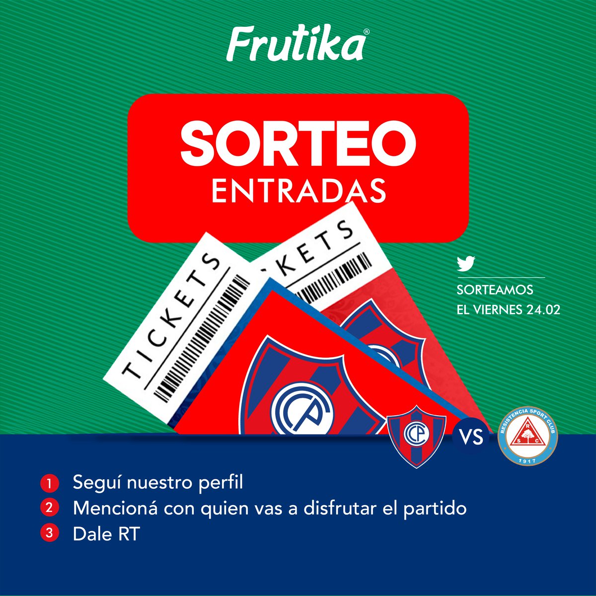 ATENCIÓN amigos twitteros‼️

Sorteamos un par de entradas para el partido de Cerro Porteño VS Resistencia este viernes 20:30 hs🤩🥳

Solo tenes que seguirnos, mencionar a un amig@ y dar RT 👌🏼

#Frutika #Cerro #sorteo #Paraguay