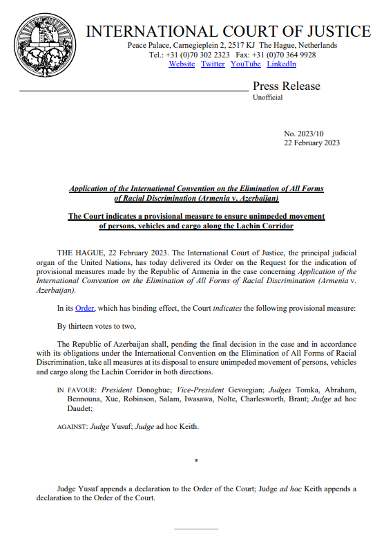 PRESS RELEASE: the #ICJ today delivered its Order on the request for the indication of provisional measures submitted by Armenia in the case #Armenia v. #Azerbaijan bit.ly/3kl26xM
