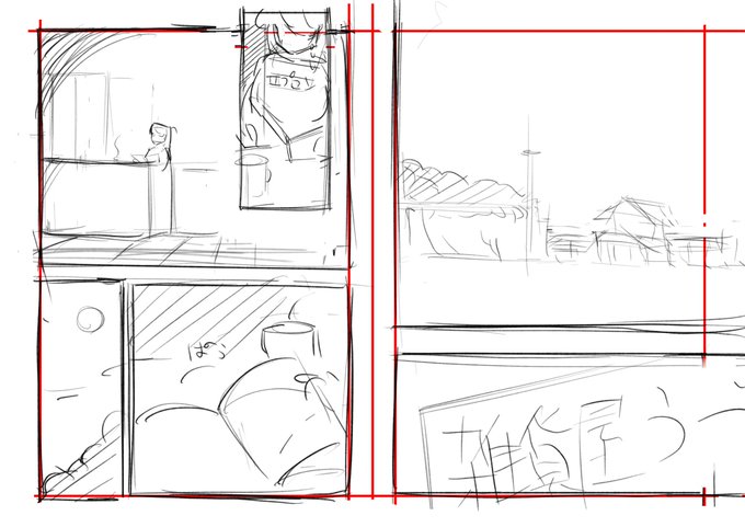 頑張ってます…
最初一枚目で行こうと思ってたけど、さすがに最初の見開き2ページに主人公の顔が映らないのはまずいかなと思って二枚目に変えてみたり…
話考えるのは苦手だけどコマ割りを考えるのはすごいすき 