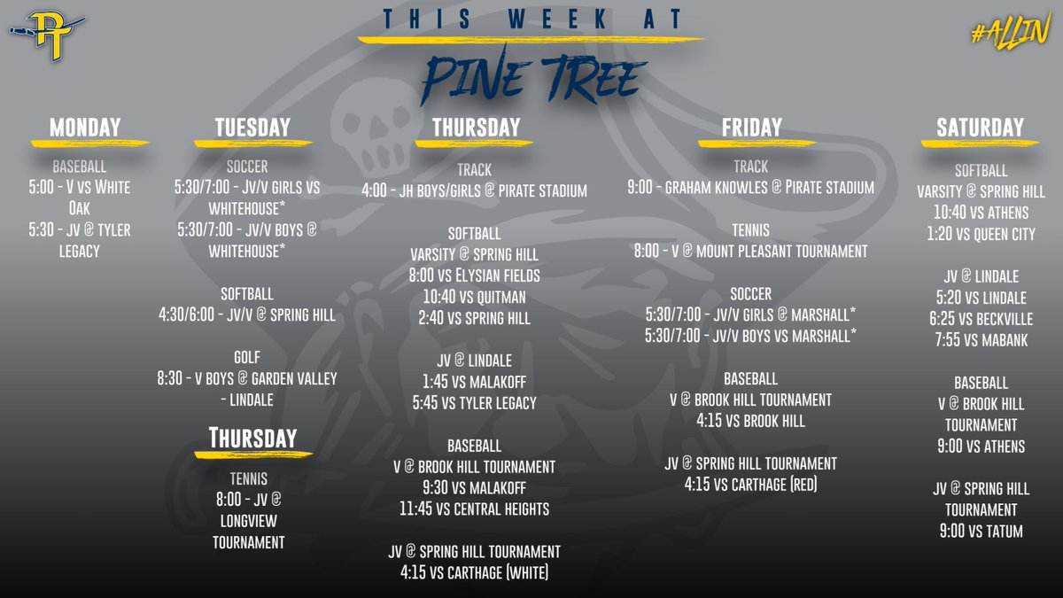 Updated Schedule - Tennis is now on Thursday due to weather. <a href="/PTISDPirates/">Pine Tree ISD</a> <a href="/PineTreeHighSc1/">Pine Tree High School</a>
